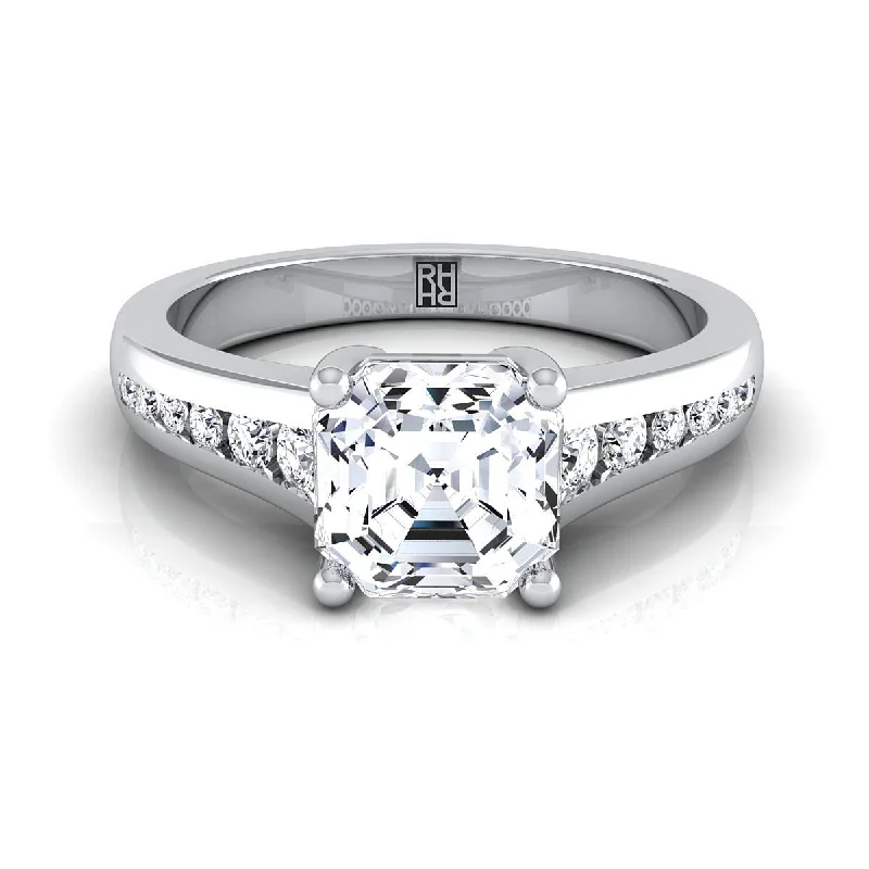 men’s wedding rings with square sapphires and diamond center stones-14K White Gold Asscher Cut Contemporary Tapered Diamond Channel Engagement Ring -1/6ctw