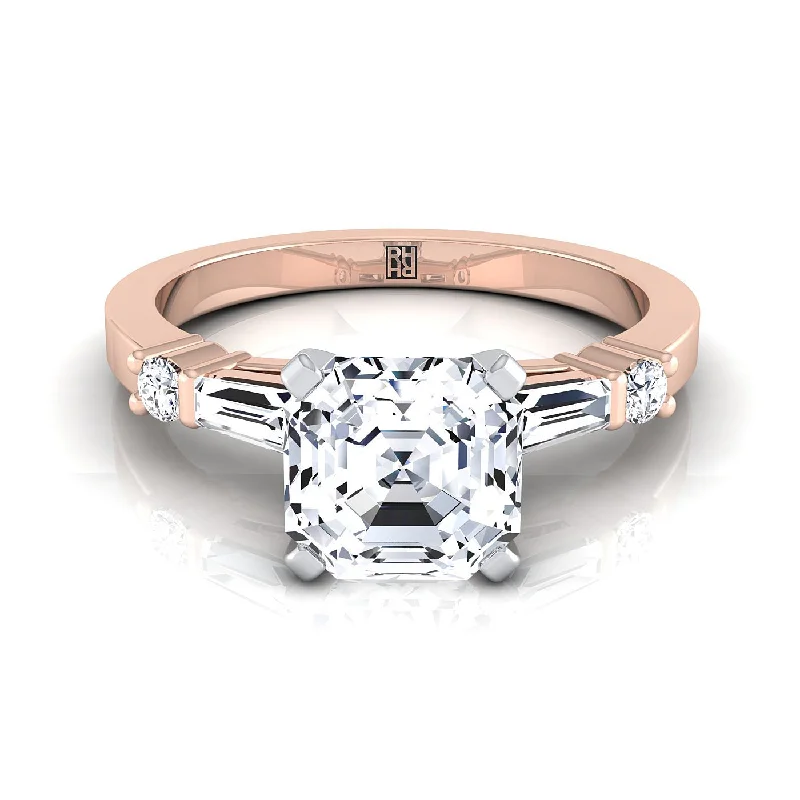 engagement rings with princess-cut sapphires and diamonds-14K Rose Gold Asscher Cut Diamond Simple Baguette and Round Solitaire Engagement Ring -1/4ctw