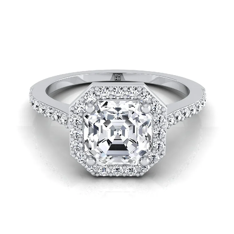 engagement rings with princess-cut sapphires and diamond halos-14K White Gold Asscher Cut Classic French Pave Diamond Halo and Linear Engagement Ring -1/3ctw