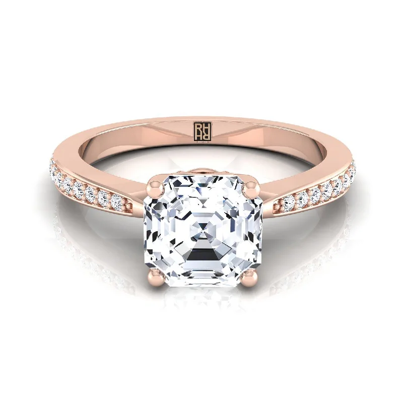 women’s rings with emerald-cut sapphires and diamond pave designs-14K Rose Gold Asscher Cut Diamond Tapered Pave Engagement Ring -1/8ctw