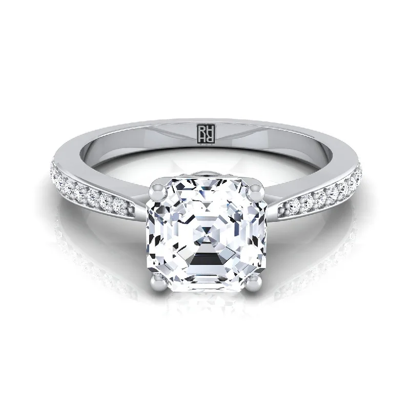 women’s engagement rings with round sapphires and diamond pave settings-14K White Gold Asscher Cut Diamond Tapered Pave Engagement Ring -1/8ctw