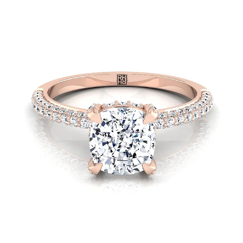 women’s engagement rings with square sapphires and diamond bands-14K Rose Gold Cushion Diamond Encrusted Claws and Triple Pave Engagement Ring -1/2ctw