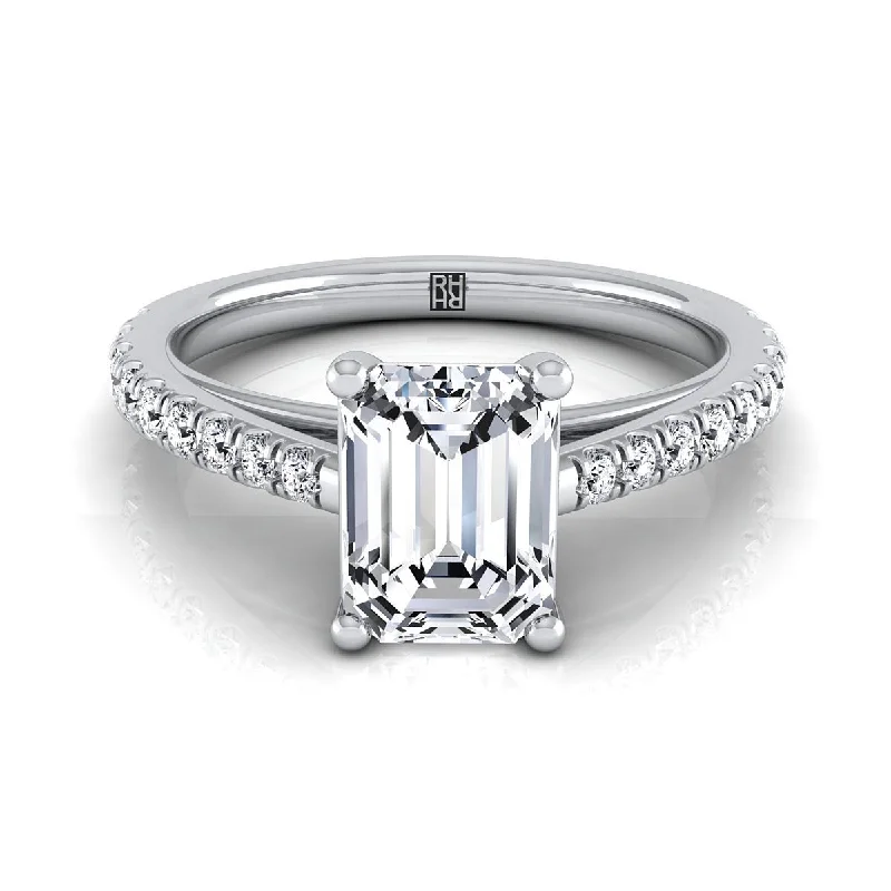 women’s rings with radiant sapphires and diamond pave bands-14K White Gold Emerald Cut Diamond French Pave Cathedral Style Solitaire Engagement Ring -1/4ctw