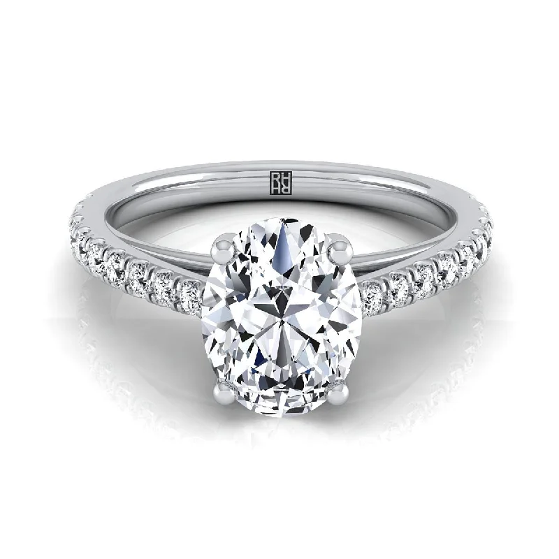 women’s engagement rings with round sapphires and diamond pave settings-14K White Gold Oval Diamond French Pave Cathedral Style Solitaire Engagement Ring -1/4ctw