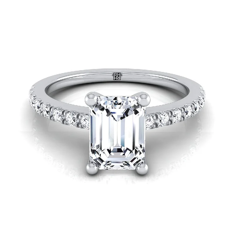 women’s rings with radiant sapphires and diamond pave designs for engagement-14K White Gold Emerald Cut Simple Linear Diamond Pave Engagement Ring -1/5ctw