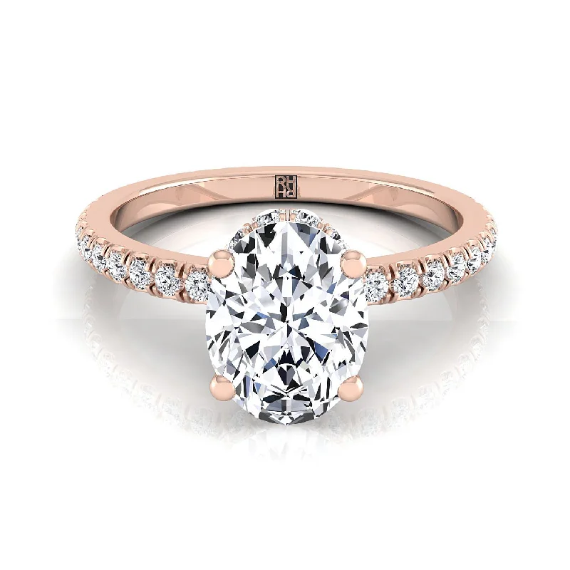 engagement rings with square sapphires and diamond center stones-14K Rose Gold Oval Diamond Secret Diamond Halo French Pave Solitaire Engagement Ring -1/3ctw