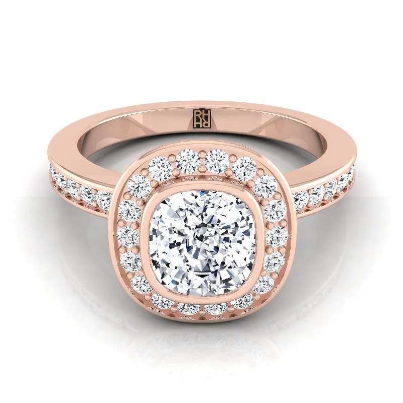 engagement rings with oval sapphires and diamond pave settings-14K Rose Gold Cushion Diamond Matching Halo and Channel Band Engagement Ring -3/8ctw