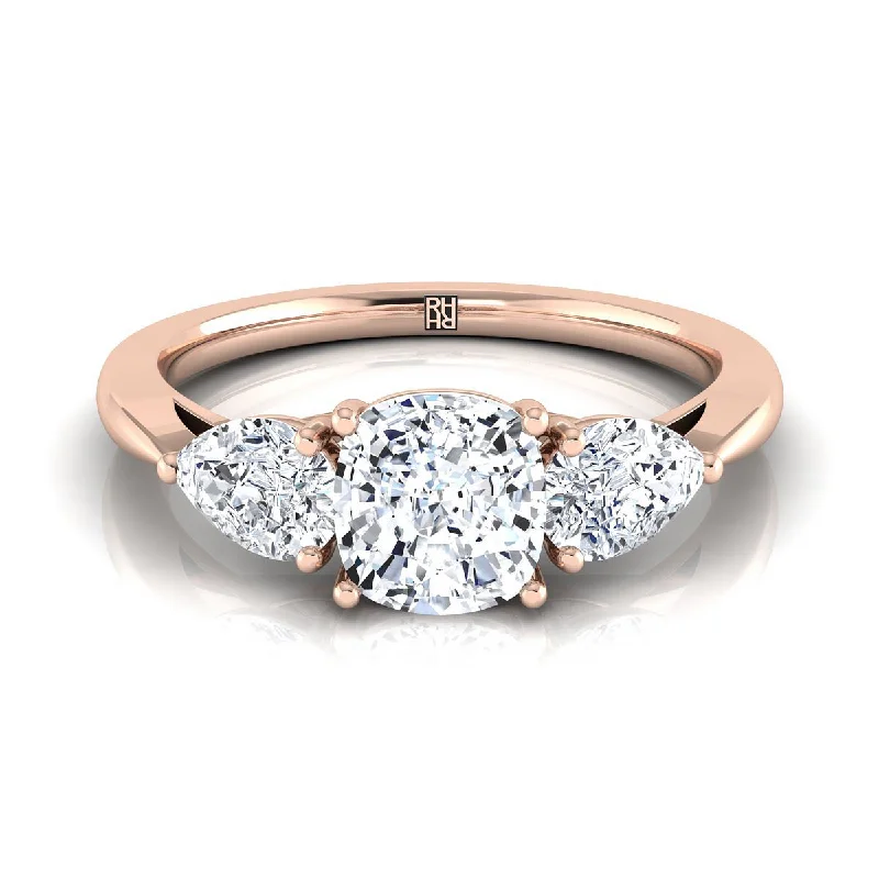 engagement rings with cushion-cut diamonds and sapphire pave-14K Rose Gold Cushion Diamond Perfectly Matched Pear Shaped Three Diamond Engagement Ring -7/8ctw