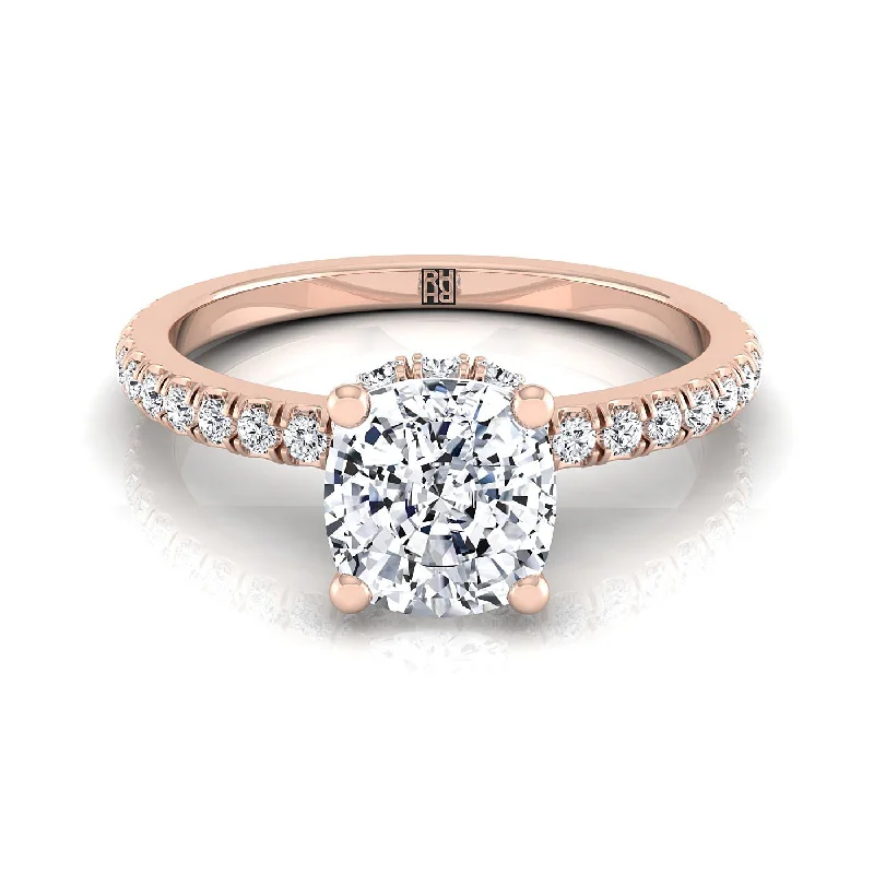 women’s engagement rings with radiant sapphires and diamond halos-14K Rose Gold Cushion Diamond Secret Diamond Halo French Pave Solitaire Engagement Ring -1/3ctw