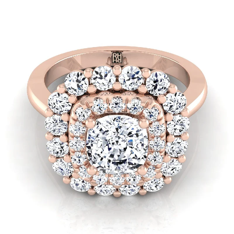 men’s wedding rings with square sapphires and diamond center stones-14K Rose Gold Cushion Diamond Double Halo Floral Sunburst Engagement Ring -1ctw