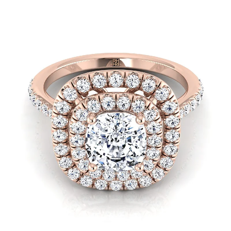 men’s wedding bands with radiant sapphires and diamond designs-14K Rose Gold Cushion Diamond Double Halo Scalloped Pavé Engagement Ring -1/2ctw