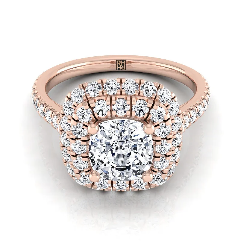 women’s engagement rings with square sapphires and diamond designs-14K Rose Gold Cushion Double Halo and Linear Pave Engagement Diamond Ring -3/4ctw