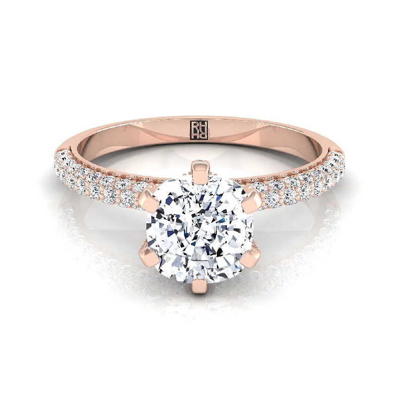 men’s wedding rings with large sapphires and diamond accents-14K Rose Gold Cushion Diamond Three Row French Pave Simple Engagement Ring -1/3ctw