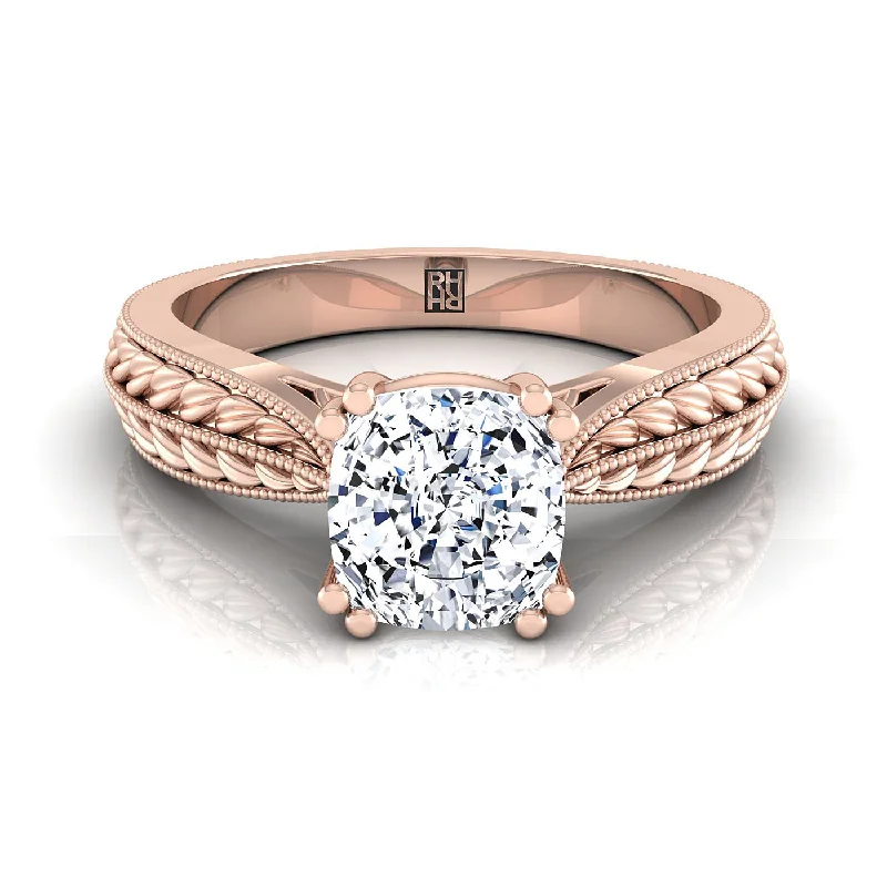 engagement rings with round diamonds and sapphire center stones-14K Rose Gold Cushion Antique Wheat and Bead Pinched Solitaire Engagement RIng