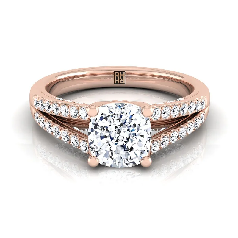 men’s wedding rings with emerald-cut diamonds and sapphire accents-14K Rose Gold Cushion Diamond Split Shank French Pave Engagement Ring -1/3ctw