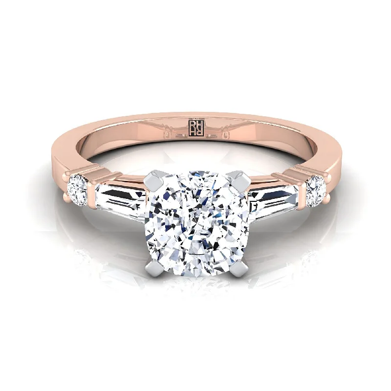 men’s rings with custom sapphire and diamond pave designs-14K Rose Gold Cushion Diamond Simple Baguette and Round Solitaire Engagement Ring -1/4ctw