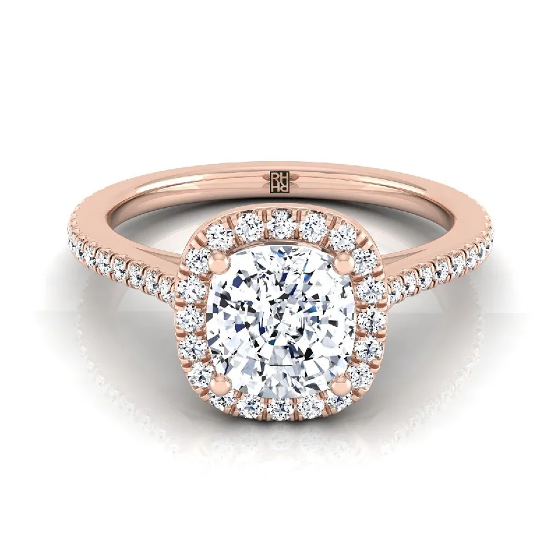 men’s wedding rings with oval sapphires and diamond accents-14K Rose Gold Cushion Classic French Pave Halo and Linear Engagement Ring -1/4ctw