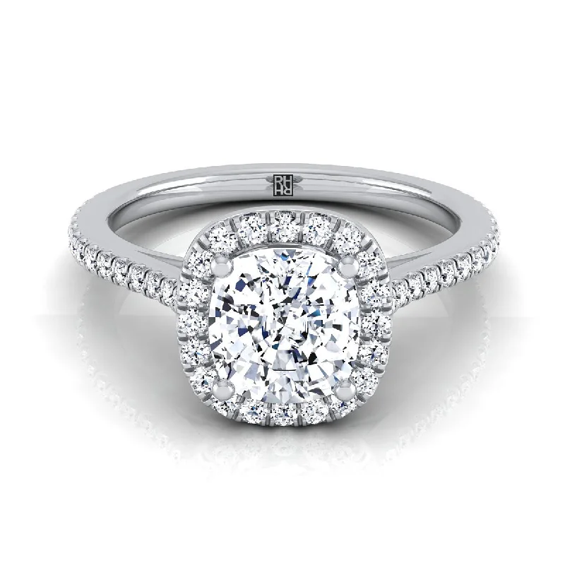 engagement rings with round diamonds and sapphire halos-14K White Gold Cushion Classic French Pave Halo and Linear Engagement Ring -1/4ctw