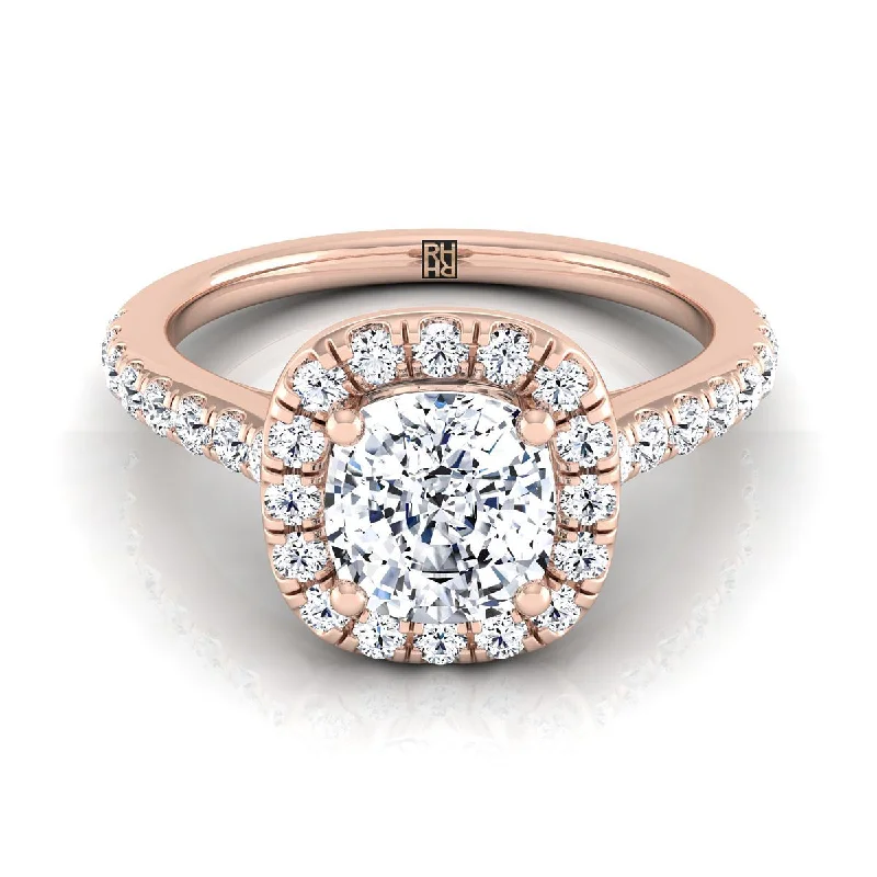 engagement rings with radiant sapphires and diamond pave settings-14K Rose Gold Cushion Diamond Classic Pave Halo Cathedral Style Engagement Ring -1/2ctw