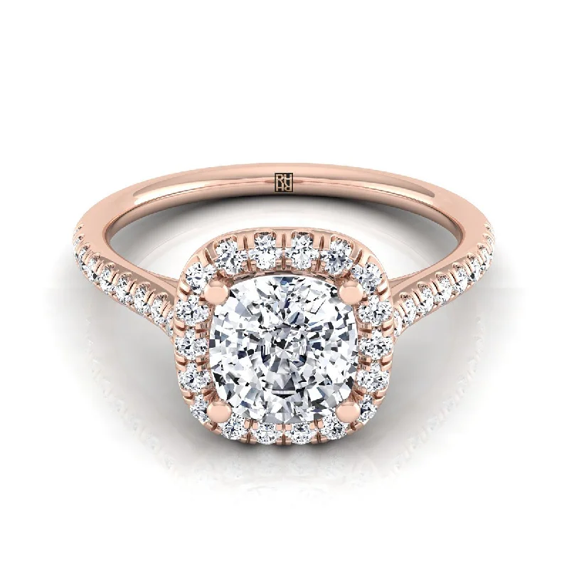 women’s engagement rings with round sapphires and diamond pave settings-14K Rose Gold Cushion Diamond Simple Prong Set Halo Engagement Ring -1/3ctw