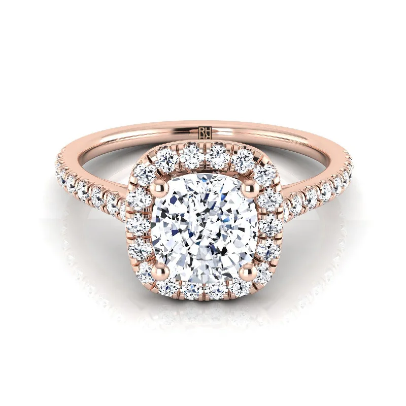 engagement rings with square diamonds and sapphire bands-14K Rose Gold Cushion Diamond Pave Halo Engagement Ring -1/3ctw