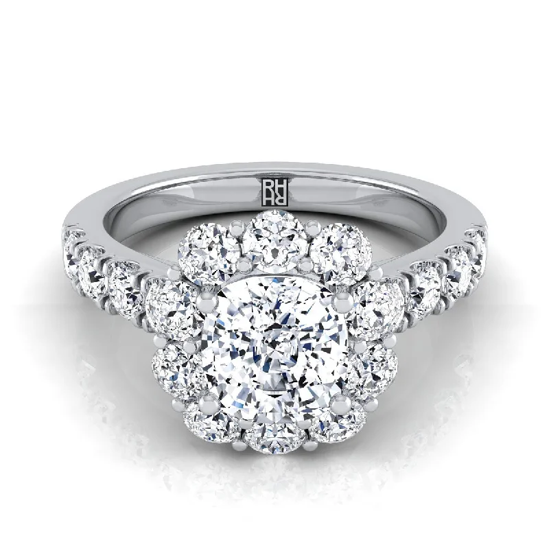 engagement rings with radiant sapphires and diamond accents-14K White Gold Cushion Diamond Luxe Style French Pave Halo Engagement Ring -1-1/10ctw