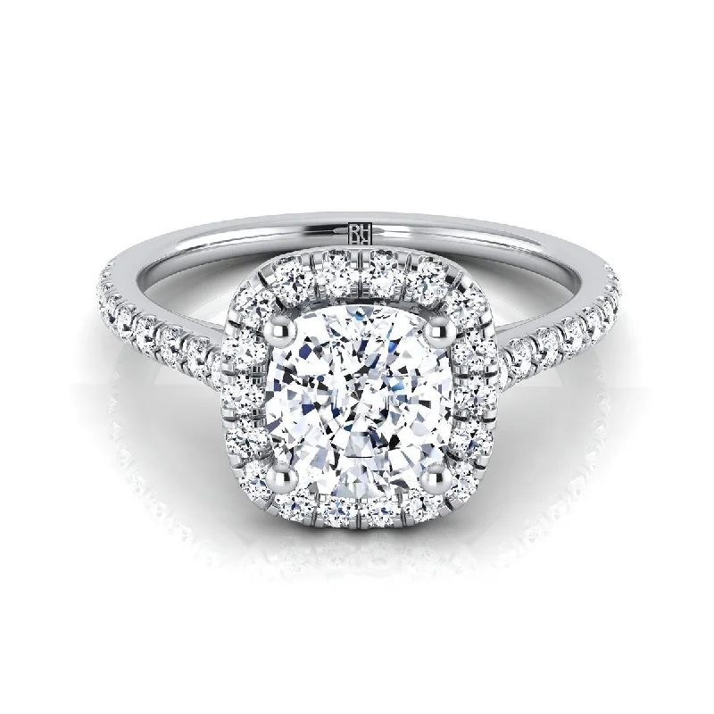 women’s engagement rings with round diamonds and sapphire pave-14K White Gold Cushion Diamond Pave Halo Engagement Ring -1/3ctw