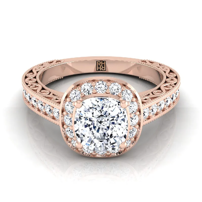 engagement rings with oval sapphires and cushion-cut diamonds-14K Rose Gold Cushion Hand-Engraved Delicate Diamond Milgrain Engagement Ring -1/2ctw