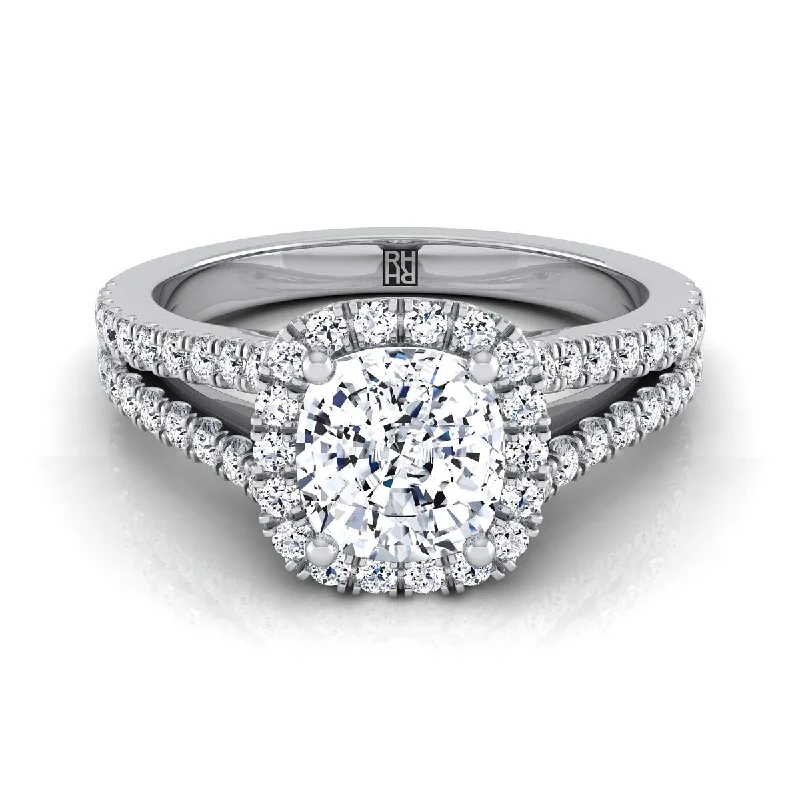 engagement rings with square sapphires and diamond accents-14K White Gold Cushion Diamond Halo Center with French Pave Split Shank Engagement Ring -3/8ctw