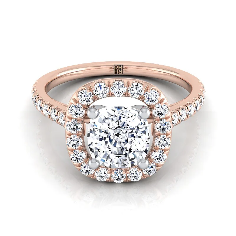 women’s engagement rings with radiant sapphires and diamonds-14K Rose Gold Cushion Diamond Simple French Pave Halo Engagement Ring -1/2ctw