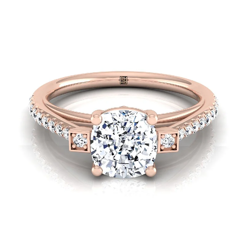 women’s wedding rings with sapphire and diamond accents-14K Rose Gold Cushion Diamond Delicate Three Stone Pave Engagement Ring -1/3ctw