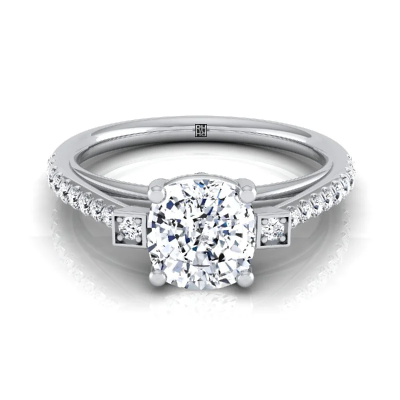 women’s rings with radiant sapphires and diamond pave bands-14K White Gold Cushion Diamond Delicate Three Stone Pave Engagement Ring -1/3ctw