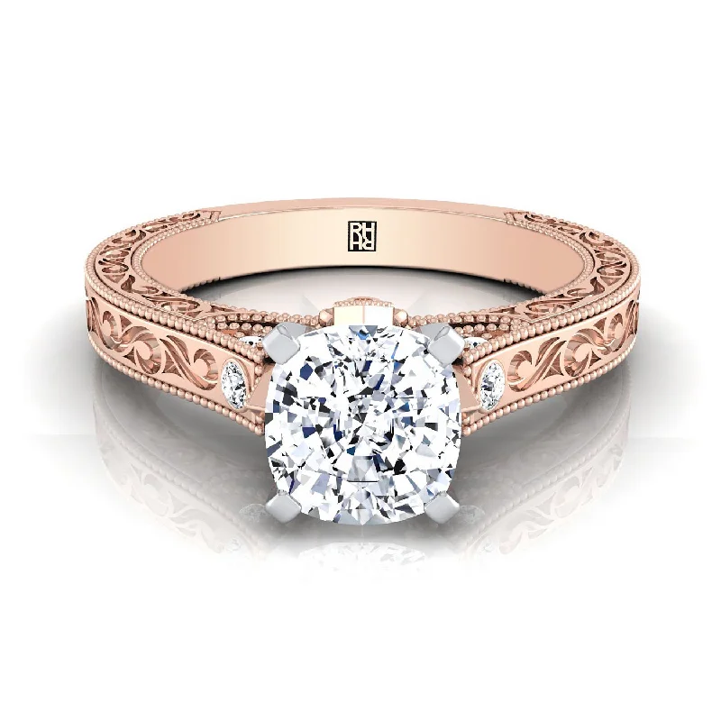 women’s engagement rings with square sapphires and diamond pave-14K Rose Gold Cushion Delicate Diamond Accented Antique Hand Engraved Engagement Ring -1/10ctw