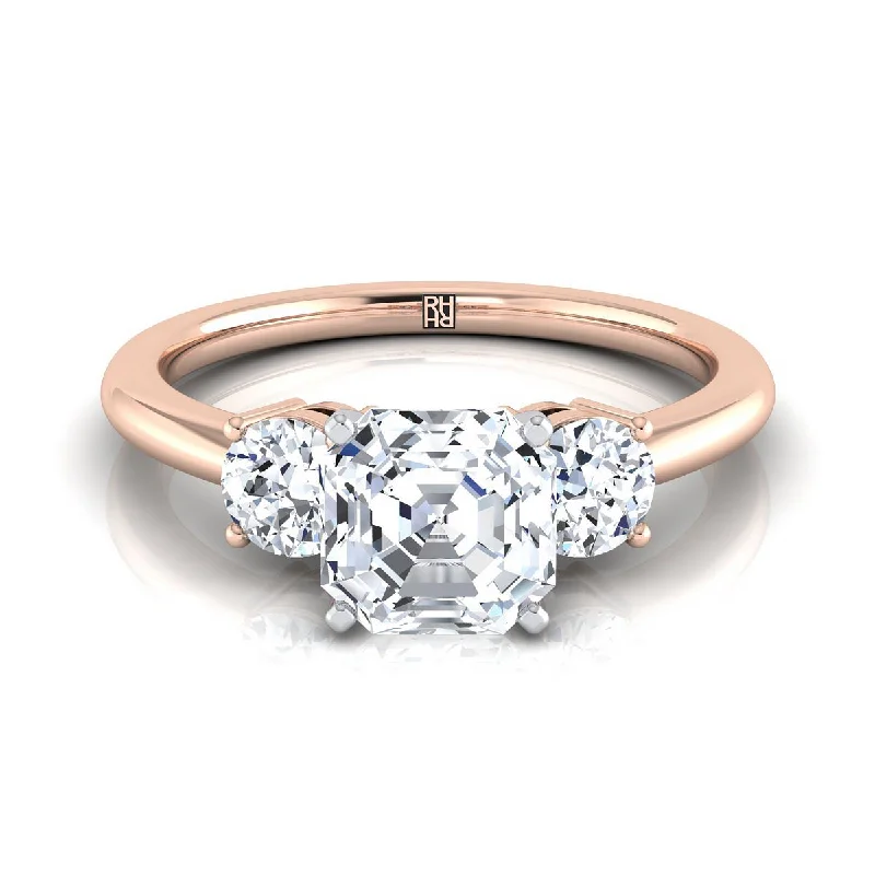 engagement rings with round sapphires and diamond pave designs-14K Rose Gold Asscher Cut Diamond Perfectly Matched Round Three Stone Diamond Engagement Ring -1/4ctw