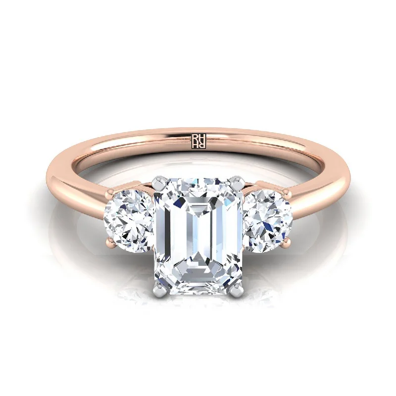 women’s engagement rings with round sapphires and diamonds-14K Rose Gold Emerald Cut Diamond Perfectly Matched Round Three Stone Diamond Engagement Ring -1/4ctw