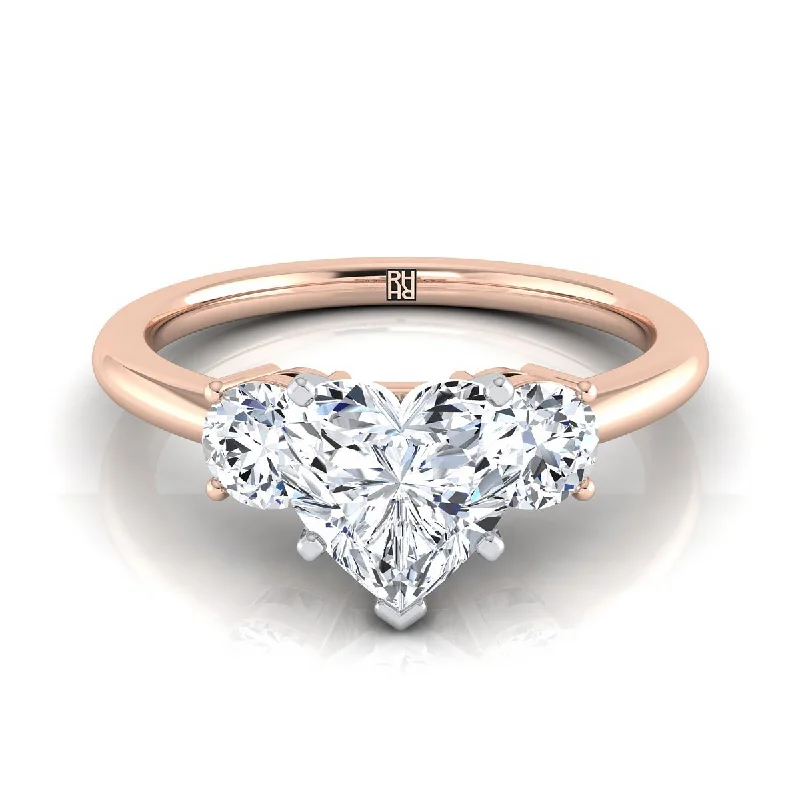 engagement rings with cushion-cut diamonds and sapphire designs-14K Rose Gold Heart Shape Center Diamond Perfectly Matched Round Three Stone Diamond Engagement Ring -1/4ctw