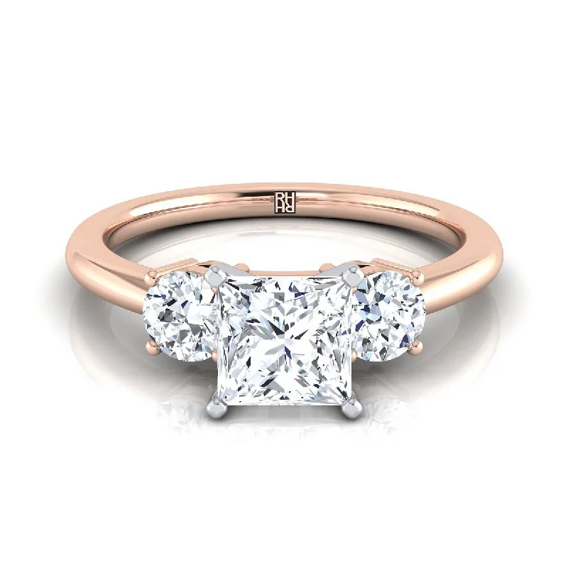 engagement rings with square sapphires and diamond halos-14K Rose Gold Princess Cut Diamond Perfectly Matched Round Three Stone Diamond Engagement Ring -1/4ctw