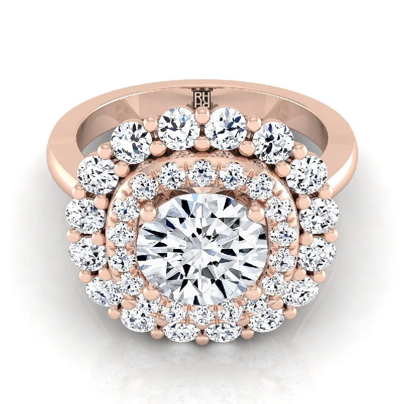 engagement rings with round sapphires and diamond pave designs for weddings-14K Rose Gold Round Brilliant Diamond Double Halo Floral Sunburst Engagement Ring -1ctw