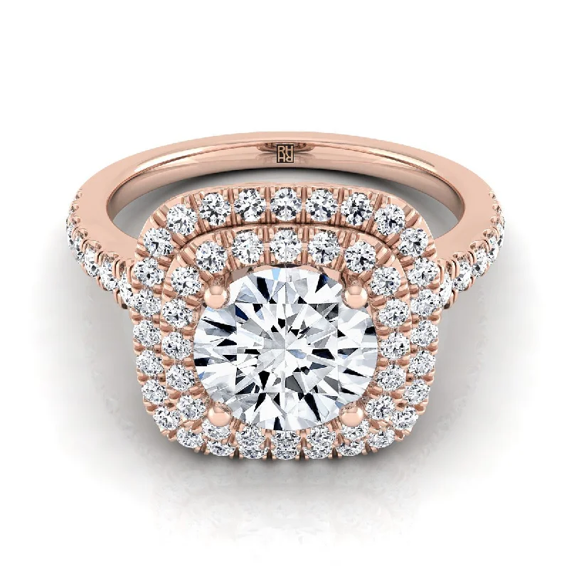 engagement rings with radiant diamonds and sapphire pave settings-14K Rose Gold Round Brilliant Diamond Double Halo Scalloped Pavé Engagement Ring -1/2ctw