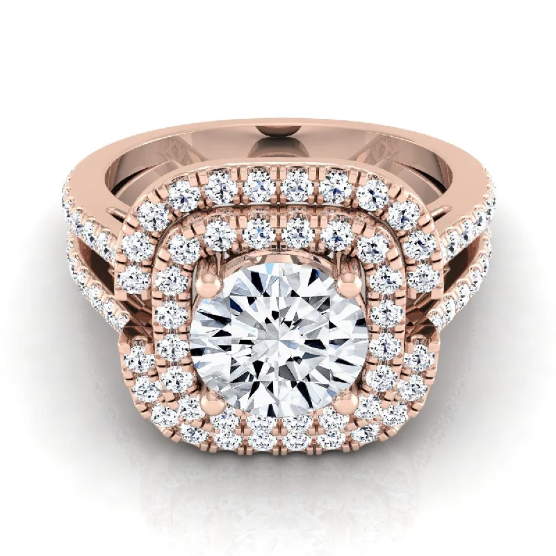 engagement rings with radiant sapphires and diamond accents-14K Rose Gold Round Brilliant Open Double Diamond Row Split Shank and Halo Engagement Ring -5/8ctw