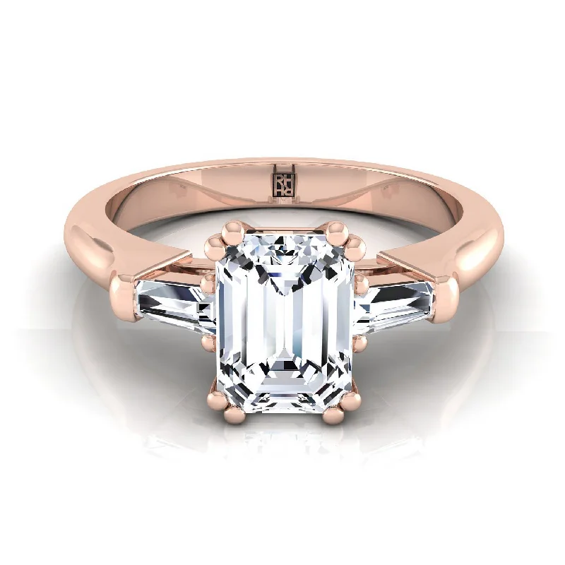 engagement rings with square sapphires and diamond pave settings-14K Rose Gold Emerald Cut Diamond Tapered Baguette Engagement Ring -1/4ctw