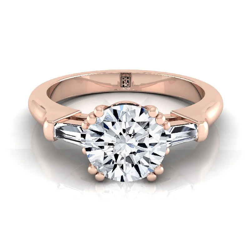 women’s rings with sapphire center stones and diamond pave designs-14K Rose Gold Round Brilliant Diamond Tapered Baguette Engagement Ring -1/4ctw