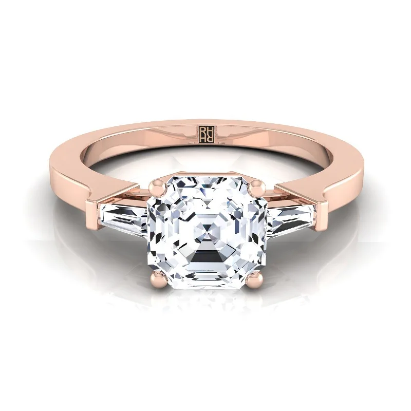 women’s rings with round sapphires and diamond pave settings-14K Rose Gold Asscher Cut Diamond Tapered Baguette Accent Engagement Ring -1/4ctw