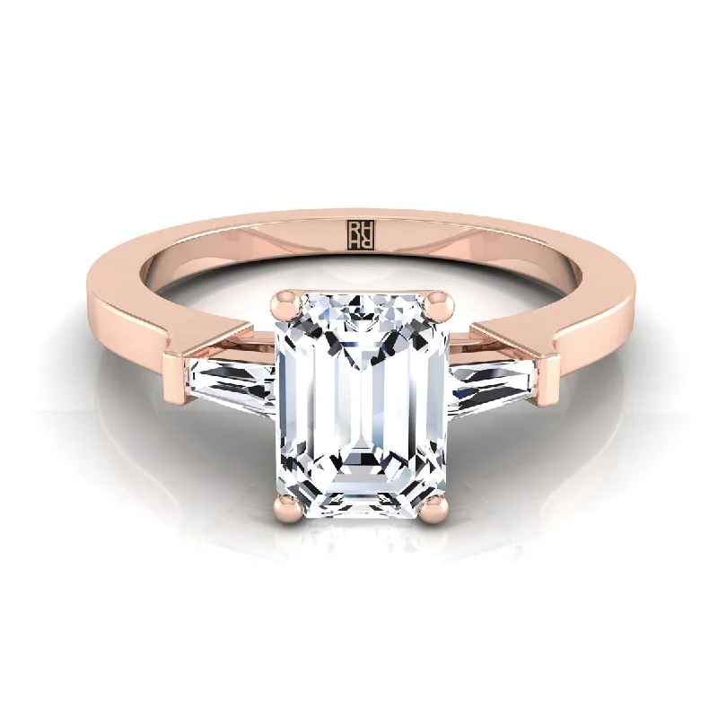 men’s wedding bands with diamond center stones and sapphire designs-14K Rose Gold Emerald Cut Diamond Tapered Baguette Accent Engagement Ring -1/4ctw