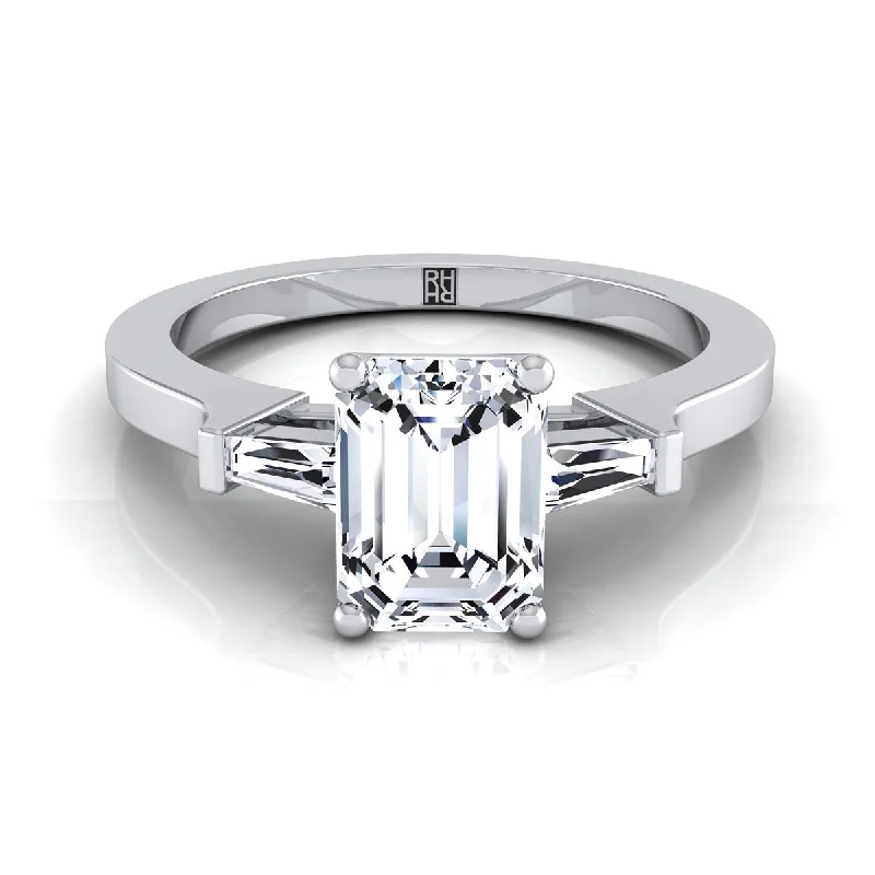 women’s engagement rings with square sapphires and diamonds-14K White Gold Emerald Cut Diamond Tapered Baguette Accent Engagement Ring -1/4ctw