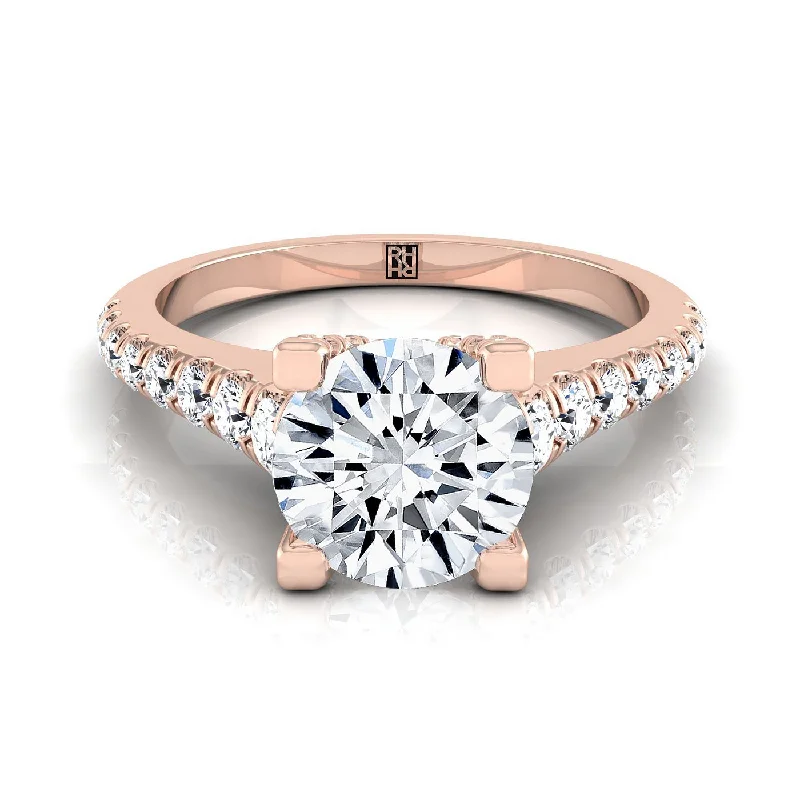 women’s engagement rings with diamond and sapphire pave settings-14K Rose Gold Round Brilliant Diamond Pave Prong Linear Engagement Ring -1/2ctw