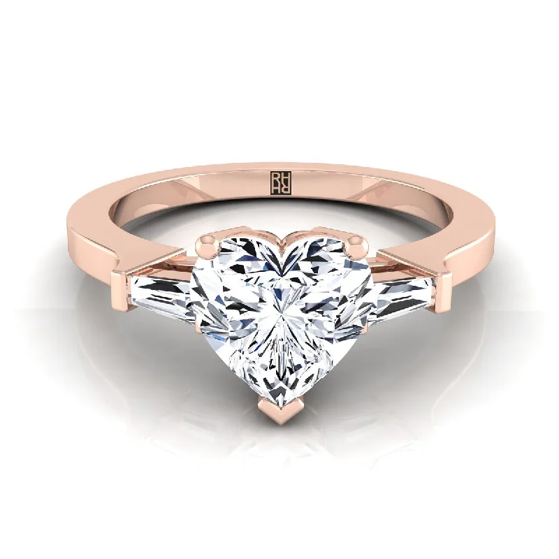 women’s engagement rings with princess-cut sapphires and diamonds-14K Rose Gold Heart Shape Center Diamond Tapered Baguette Accent Engagement Ring -1/4ctw