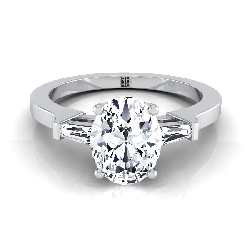 women’s rings with princess-cut diamonds and sapphire center stones-14K White Gold Oval Diamond Tapered Baguette Accent Engagement Ring -1/4ctw