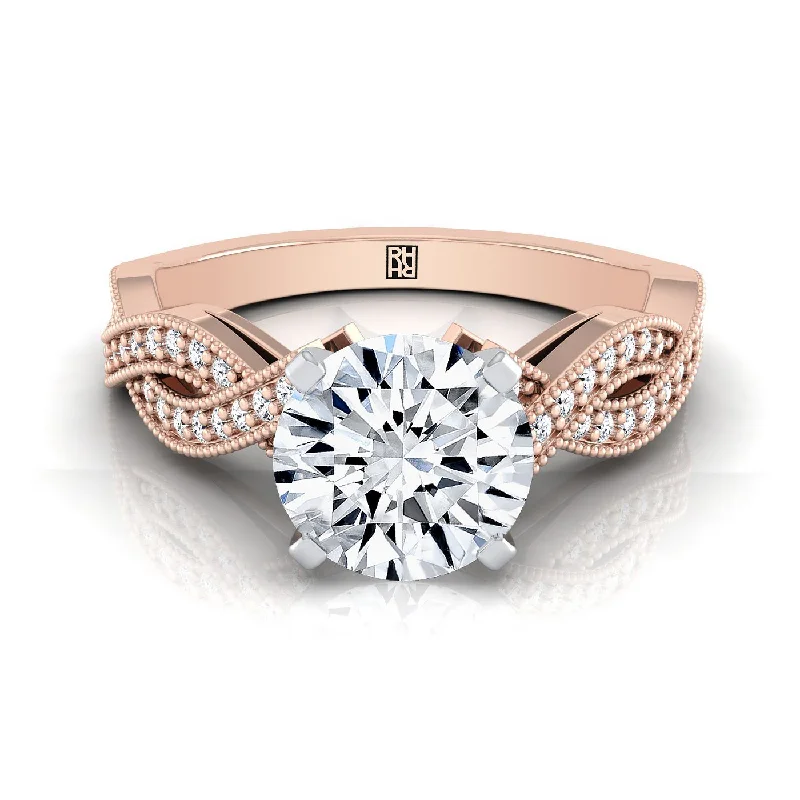 engagement rings with cushion-cut diamonds and sapphire pave-14K Rose Gold Round Brilliant Antique Twisted Open Beaded Diamond Halo Engagement Ring -1/5ctw