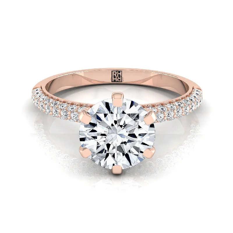 engagement rings with oval sapphires and diamond pave-14K Rose Gold Round Brilliant Diamond Three Row French Pave Simple Engagement Ring -1/3ctw